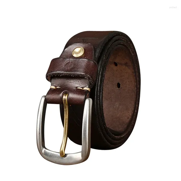 Cinturones de piel de vaca pura de 3,8 cm de ancho, moda Retro, cinturón con hebilla de acero inoxidable, pantalones vaqueros casuales de cuero genuino para hombres