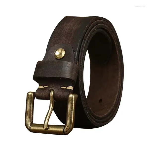 Ceintures Pure Cape de vache de 3,8 cm ceinture de grain de bois de large pour hommes Boucle de broche en cuir authentique jean de luxe décontracté mâle