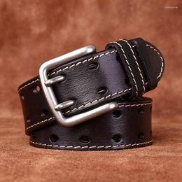 Cinturones Retro de moda personalizado de moda cien cabeza capa de cuero de vaca doble aguja hebilla cinturón hombres cuero genuino Jeans hombres
