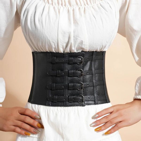 Ceintures rétro quatre boucles mode Raist décoratif large ceinture élastique pour femmes apparaissent mince porter à l'extérieur de la ceinture corset pour dames
