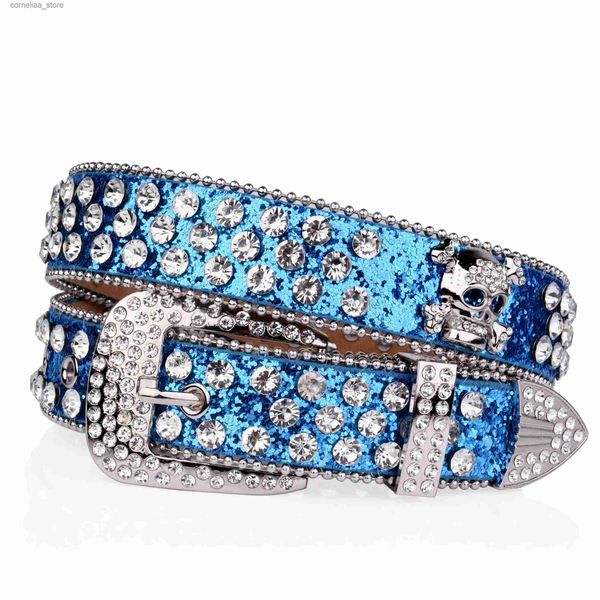 Ceintures Strass crâne Rivet ceinture bleu rouge paillettes PU ceinture Hip Hop jean pantalon ceinture Punk Cowboy Cowgirl ceintures pour femmes MenY240316