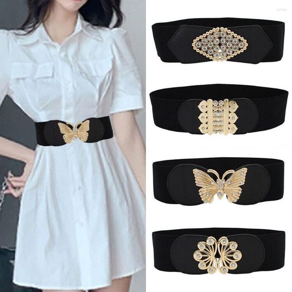 Cinturones Cinturón de cintura con diamantes de imitación Cómodo Hebilla de metal Tamaño grande Cintura ancha Estiramiento negro Mujeres