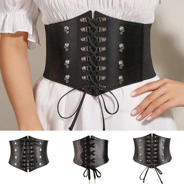 Ceintures Rivet Femmes Corset Mode Super Large Ceinture Gothique PU Cuir À Lacets Élastique Taille Haute Punk Minceur Corps