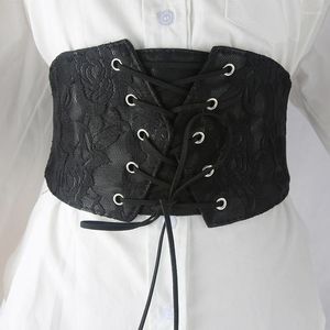 Cinturones Rose Flower Lace Ladies Fashion Cintura ancha elástica Black Tie-Up Belt Ornament Dress Coat All-Match Ins Accesorios Cintura