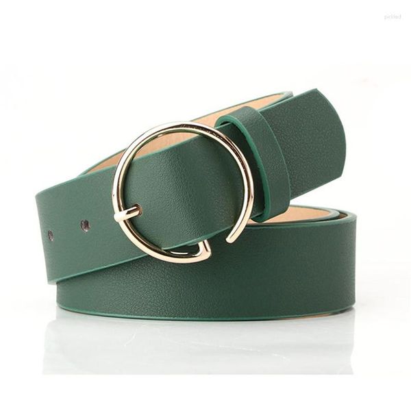 Cinturones de metal redondo Hebilla verde 3.3 cm 105 cm Cinturón femenino Damas negras PU Women Wild Band