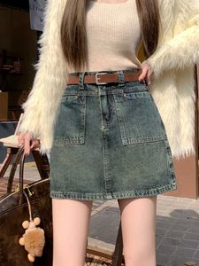 Ceintures s-xl une jupe de denim de la série Womens 2023 automne coréen style haute taille rétro mini jupe denim femme + ceinture (l60086) xw