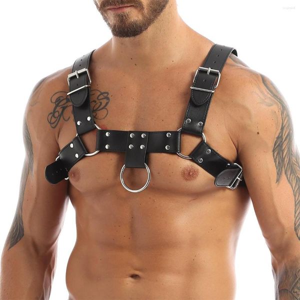 Cinturones Sexy Muscle Belt para hombres Restricciones PU Correa de cuero Traje Clubwear Porno Cosplay Arnés corporal para el pecho Homme Armadura de hombro