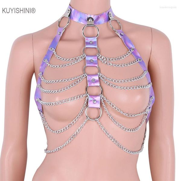 Ceintures Sexy femmes licou couleur corps harnais Bondage fête chaîne Rave Costume Clubwear holographique ceinture Pastel gothique jarretelle