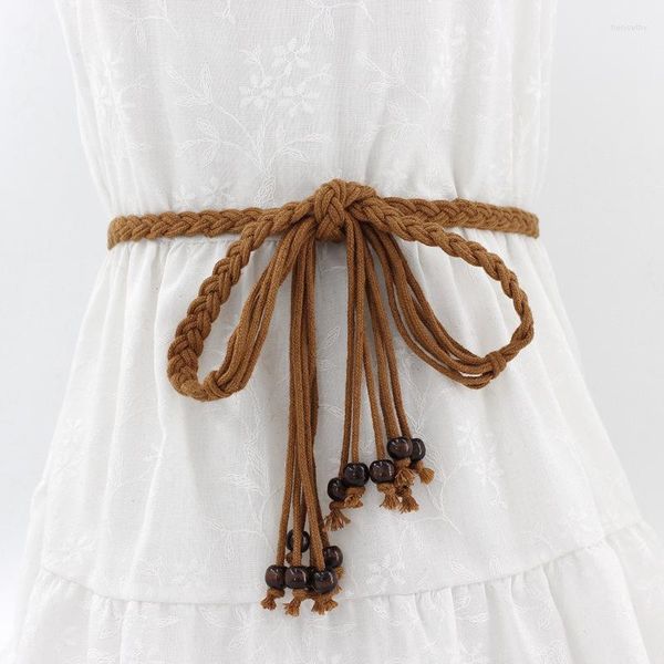 Ceintures Simple ceinture d'été pour robe élégante perlée taille mince femmes longue corde en cuir tressé filles