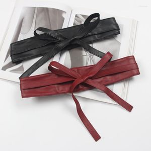 Cinturones de cintura ancha de PU suave con lazo y cintura ajustable, Cinturones de moda para mujer, Corsés de alta costura de piel sintética de color rojo vino