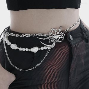 Ceintures Spice Girl Niche Irregular Pearl Splicing Belt Metal Spider Web Waist Chain