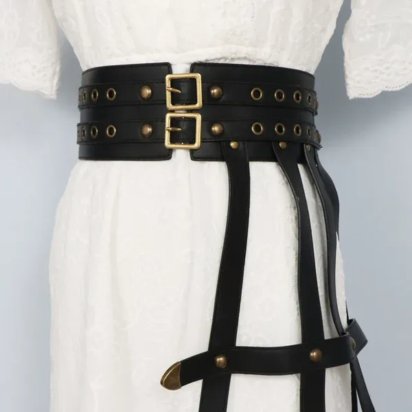 Cinturones Elegante Negro Doble botonadura Recorte irregular Cintura Sello Estilo Pin Hebilla Jeans Adornado Señoras Retro Trim Punk Cinturón