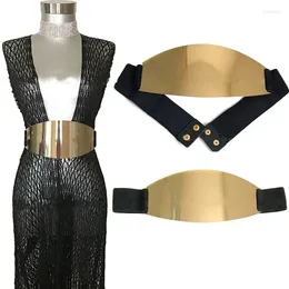 Cinturones elegantes marca bling bling brillante cintura ancha placa de metal ovalado espejo elástico obi plateado oro bg-044