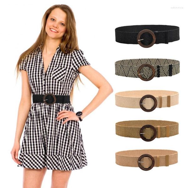 Cinturones de verano para mujer, cinturón de punto liso con hebilla de madera, cintura ancha, elástico, falda que combina con todo, accesorios de ropa informales