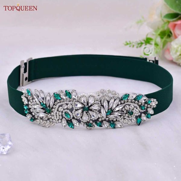 Cinturones TOPQUEEN S22 Moda Mujer Cinturón elástico verde oscuro brillante Vestido de faja de diamantes de imitación Faja elástica Accesorio de boda nupcial Cintura G230207