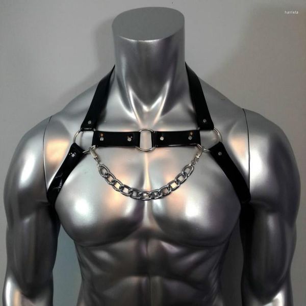 Ceintures À La Mode Hommes Faux Cuir Corps Poitrine Muscle Harnais Ceinture Avec Chaîne En Métal Bondage Bretelles Costume De Scène Cosplay Clubwear