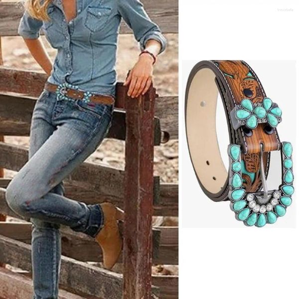 Ceintures Turquoise Pays Durable Strass Style Vintage Cowgirl Robe Accessoires Ceinture Florale Gravée