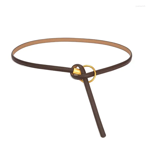 Cinturones TwoLayerCowhide Cintura delgada para mujer Bronce antiguo Pequeño anillo circular anudado Decoración de masa de verano de moda