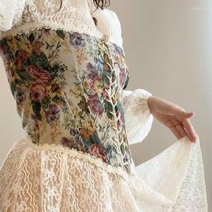 Cinturones Vintage Floral Print Corset Flounce Irregular Suspender Cummerbunds Mujeres Sexy Bodycon Boat Neck Jacquard Camisola