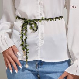 Riemen Vintage Groene Bladeren Riem Voor Vrouwen Witte Parel Hanger Decors Dames Jurk Mode Vrouwelijke Taille Touw Accessoires