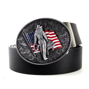 Ceintures Vintage Mens High Quality Black Faux Tiver Belt With American Flag Western Country Cowboy Climal Buckle for Men Jeans 313n