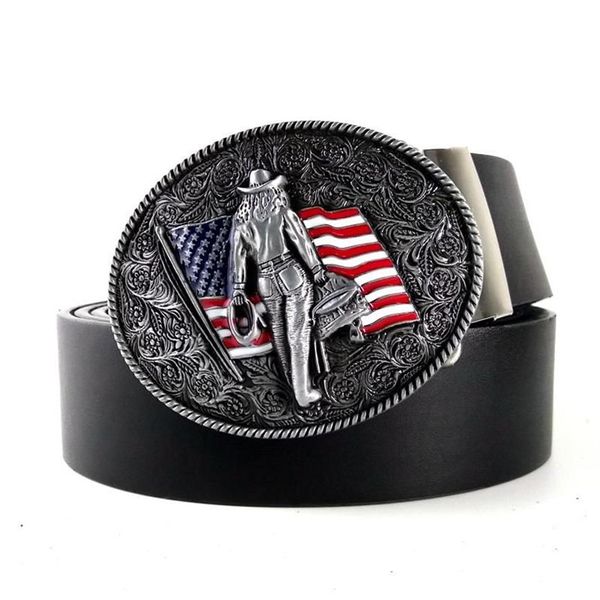 Ceintures Vintage Mens High Quality Black Faux Tiver Belt With American Flag Western Country Cowboy Clital Buckle for Men Jeans3053