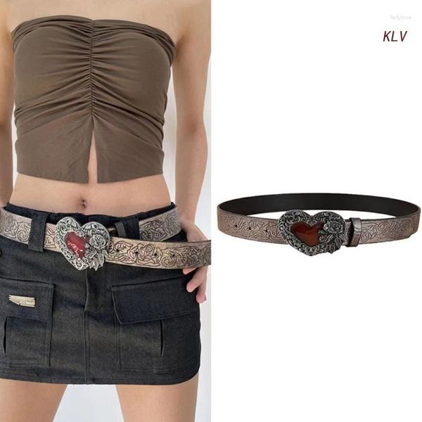 Ceintures Ceinture occidentale vintage Boucle de fleur gravée Cowboy Heart Jeans Cuir gaufré