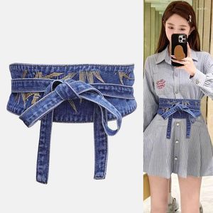 Ceintures ceinture ceinture pour femmes en denim large robe nielle enveloppante autour du groupe de corset obi brodé