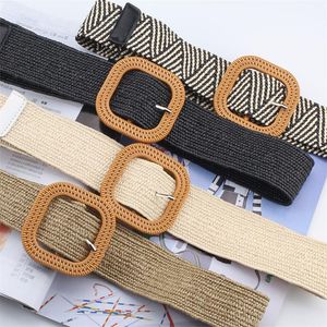 Ceintures Ceinture de taille Été Faux Paille Vintage Boho Tressé Solide Femme Ronde En Bois Boucle Lisse Large Pour Les Femmes 2022