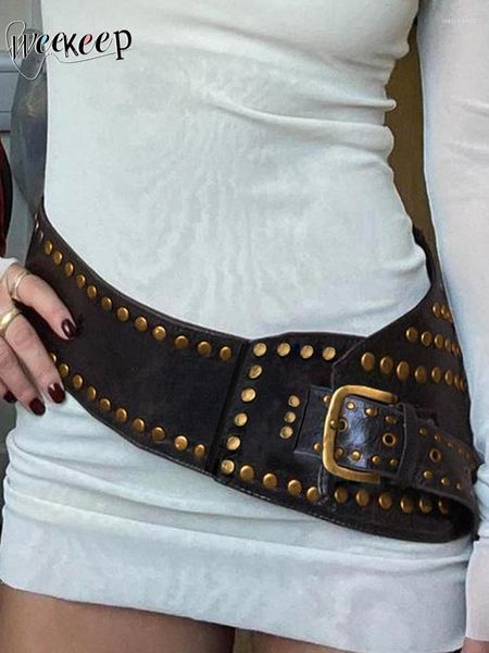 Cinturones Weekeep estilo punk cinturón asimétrico elegante remache cuero cosido para mujeres gótico streetwear pu cintura harajuku estética