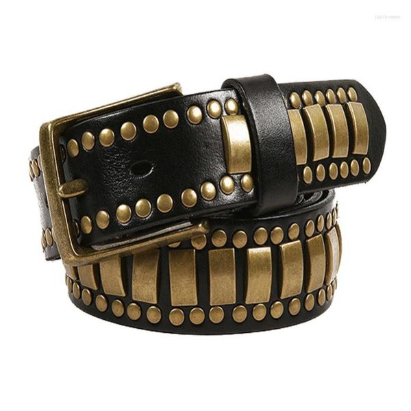 Cinturones Western Cow Leather Hip Gold Plated Rivet Alta calidad Golden Pin Hebilla Hombres Cinturón Moda Punk Genuino