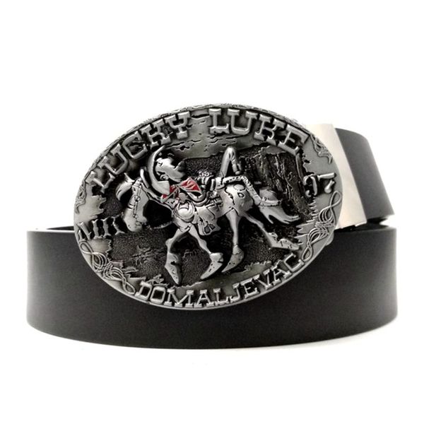 Cinturones Western Cowboy Riding Horse Lucky Luke Hebilla de metal Casual Hombres Negro PU Cuero Accesorios de moda para niños Regalos masculinos