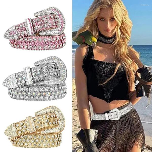 Cinturones Cinturón de estilo occidental Remache elegante Rhinestone Cuero sintético para mujeres con longitud ajustable Hebilla Hop Hombres