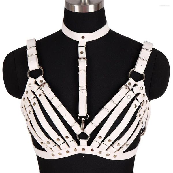 Cinturones Arnés de cuero blanco Sujetador Crop Top Cage Pecho Anillo de remache de metal Ajustable Pole Dance Rave Body Bondage Lencería sexy Mujeres