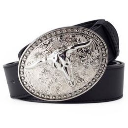 Riemen witte tauren legering bulk buckle pu vrije tijd jeugd lap zwarte riem mode voor mannen cowboy w0317