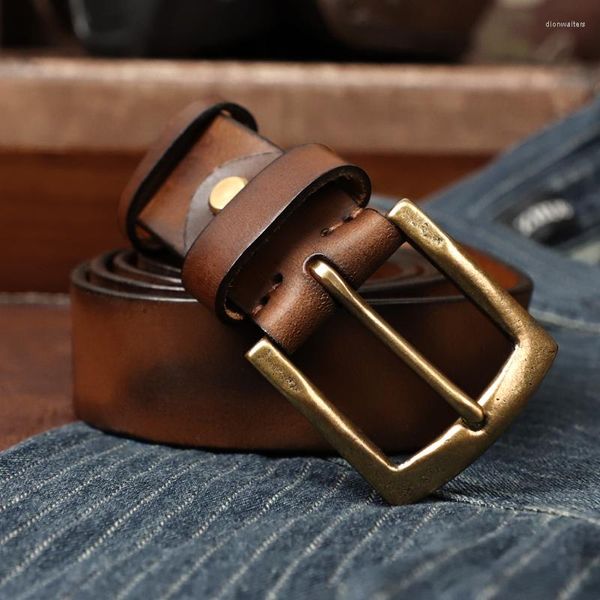 Ceintures larges 3.8CM ceinture en cuir de vache pour hommes fait à la main véritable boucle rose Blet Jeans mâle rétro Cowboy