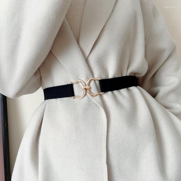 Cinturones Cinturón ancho con hebilla de metal dorado para mujer Señora Retro Color sólido Elástico Cintura delgada Camisa de vestir simple Cintura decorativa