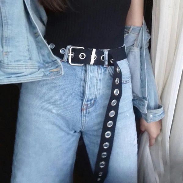 Ceintures femmes alliage trou Nylon toile PU longue ceinture unisexe Style Punk sauvage jean ceinture personnalité dames décoratif