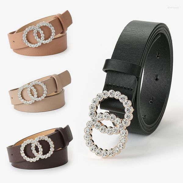 Cinturones Cinturón de doble anillo para mujer Moda PU Metal Hebilla de diamante Vestido casual Jeans Wild