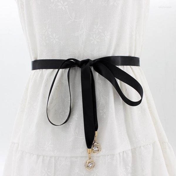 Cinturones Cinturón de moda para mujer Satén Cintura delgada con cuerda Vestido Borla Nudo Decoración Cinta estrecha Negro
