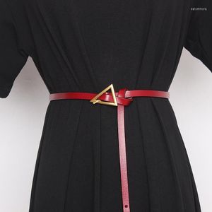 Ceintures Ceinture en cuir pour femmes, décontractée, métal doré, boucle triangulaire, noir, marron, taille véritable, robe de styliste, Fashion2919, 2022