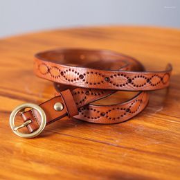 Cinturones de mujer de verano de cuero auténtico a la moda vaqueros huecos marrón de lujo hebilla de cobre puro vestido informal que combina con todo cinturón ajustado Vintage