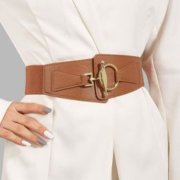 Cinturones de mujer con hebilla dorada grande, cinturones elásticos con sello de cintura ancha a la moda, fajas de cuero PU suaves para abrigo de vestir