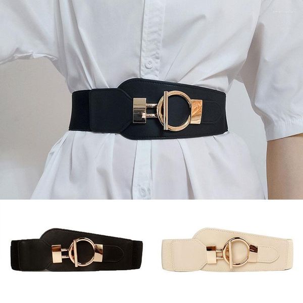 Cinturones Mujer Cinturón con hebilla dorada grande Moda Cintura ancha Sello Cinturones elásticos Cuero de PU suave Fajas negras y beige para abrigo de vestir Cinturones Emel
