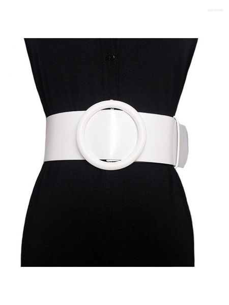 Cinturones Mujer Cinturón de cuero con anillo grande para jeans con correa de calidad superior Mujer femenina Hebilla redonda Accesorios de ropa Negro Blanco