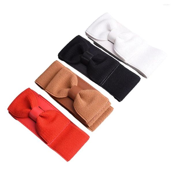 Ceintures Femmes Bowknot Faux Cuir Élastique Large Ceinture Bouton Pression Taille - Rouge/Noir/Blanc/Marron