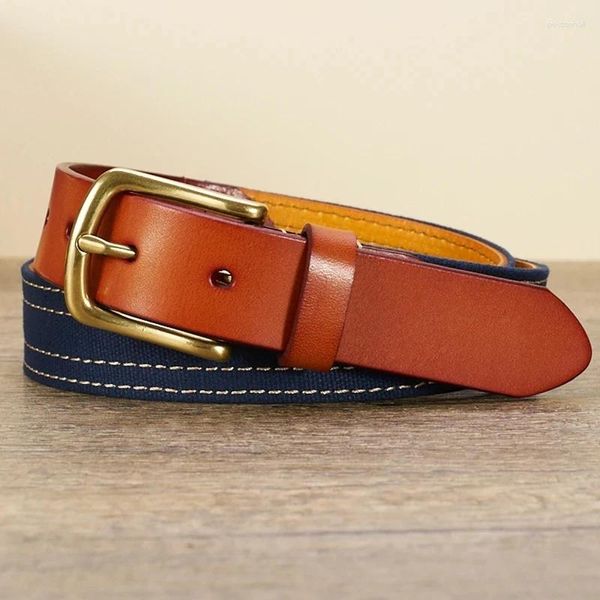 Riemen Vrouwen Casual Koeienhuid Riem Metaal Koper Gladde Gesp Unisex Stijl Koeienhuid Canvas Stiksels Ontwerp Paard Breedte 3CM