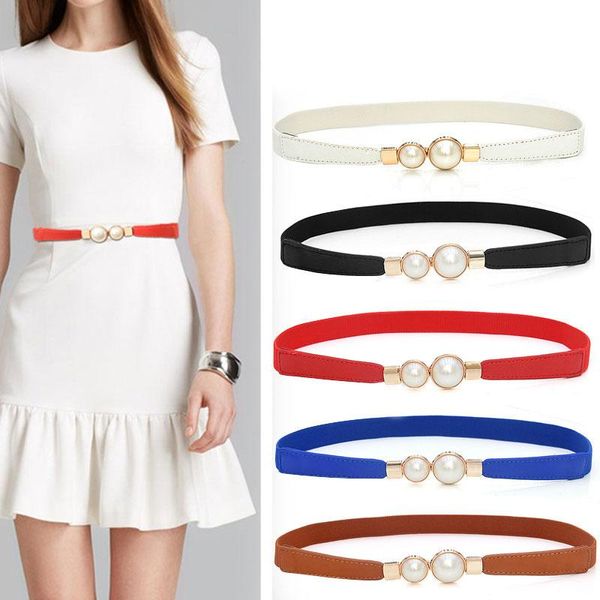 Cinturones Mujer Elástico Cinturón de cintura delgada con hebilla de perla Vestido sólido Falda Cintura decorativa Cuero Estrecho Sello StrapBelts