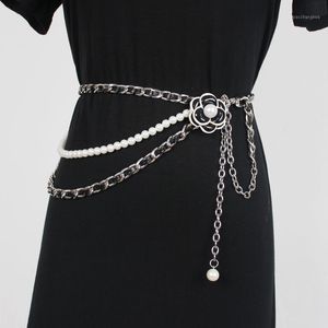 Riemen vrouwen elegante parels ketting riem lente zomer 2022 designer mode zwart witte bloemen gesp tailleband cinturon mujer 102 cm