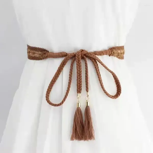 Cinturones de mujer con cadena anudada en la cintura elegante cinturón de vestir decorado con encaje para mujer con extremo de borla cordón de Color sólido elegante para cualquier